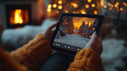  Cozy hands holding tablet with enchanting mood displaying snowy winter scene against warm fireplace background