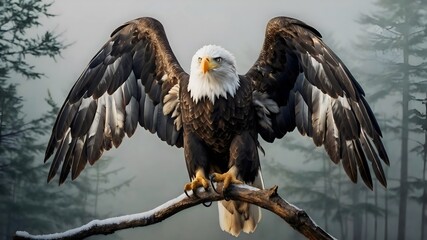 Obraz premium Majestic Bald Eagle Spreading Wings Over Foggy Forest Perched Branch Nature Wildlife