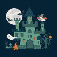 Obraz premium Night creepy castle at halloween with full moon, scary tree, cemetery and cute ghosts. Haunted house with pumpkins and bats. Scary or spooky greeting card or poster. isolated vector illustration