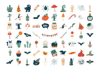 Happy halloween elements set. October holiday icons, design elements bundle. Cute ghost, pumpkin, bat, candy, cat, skull, spider, castle. Isolated vector illustration in cartoon style.