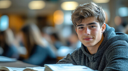 A teenage boy sits at a table in a library focused on his studies while classmates work in the background during the afternoon