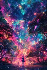 Fototapeta premium A mesmerizing magical fantasy world where humans and mystical creatures coexist, captured in stunning realism. This hidden, mythical location brings to life a sense of wonder and mystery, evoking awe 