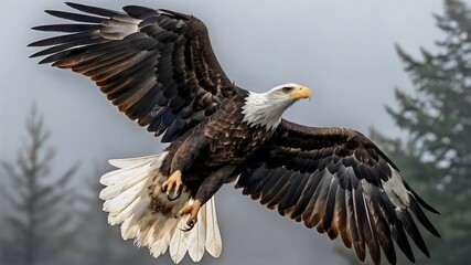 Obraz premium Majestic Bald Eagle Soaring Through Misty Forest Landscape Captivating Wildlife Photography