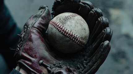 A close-up of a well-worn baseball glove holding a dusty, used baseball.