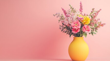 Colorful flower arrangement in a yellow vase on a pink background