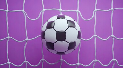A close-up view of a soccer ball in the back of a net with a pink background.