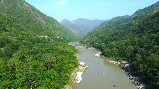 Aerial view of the beautiful holy river Ganges and neelkanth bridge in rishikesh uttarakhand India.