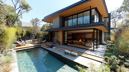 A contemporary house features expansive windows overlooking a serene pool surrounded by greenery, creating a relaxing outdoor space