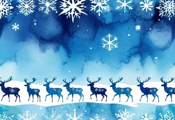Winter scene with blue reindeer and snowflakes, festive decoration, watercolor style, copy space