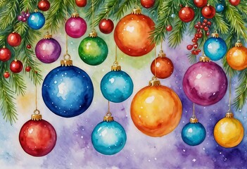 Colorful Christmas ornaments hanging on evergreen branches, festive spirit, watercolor style