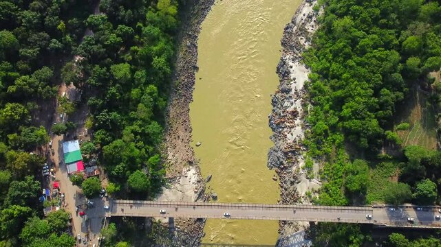 Aerial view of the beautiful holy river Ganges and neelkanth bridge in rishikesh uttarakhand India.