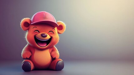 Naklejka premium A cute, cartoon bear with a pink cap sits and laughs, looking happy and friendly.