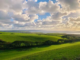 Obraz premium green fields overlooking sea in the horizon with fluffy clouds at a beautiful sunset