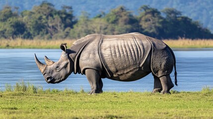 Fototapeta premium Exploring the Enchanting Realm of Pobitora Wildlife Sanctuary: Home to the Majestic One-Horned Rhinoceros Amidst the Lush Landscapes of Assam, India