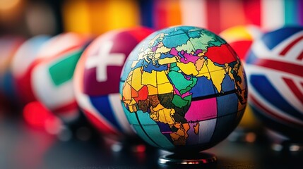 Colorful globe representing diverse continents and countries, symbolizing global unity and cultural diversity.