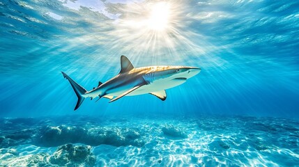 Fototapeta premium Exploring the Serene Depths: The Enigmatic Blacktip Shark (Carcharhinus limbatus) Gliding Through Sunlit Waters of the Caribbean and Atlantic Ocean