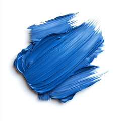 A single brushstroke of bright blue paint on a white background.