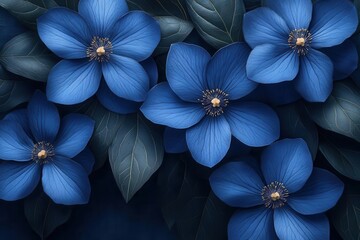 elegant dark blue flowers entwined with vibrant green leaves set against a moody background creating a rich botanical composition that evokes a sense of mystery and beauty in nature