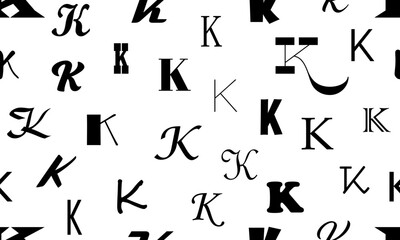Vector seamless alphabet pattern with black bold latin letters. White repeatable unusual background. Fashion trendy design. Seamless black alphabet pattern on white. Letter K