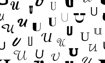 Vector seamless alphabet pattern with black bold latin letters. White repeatable unusual background. Fashion trendy design. Seamless black alphabet pattern on white. Letter U