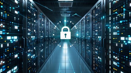 A modern server room filled with rows of network servers showcasing advanced data storage technology and a large digital lock symbolizing secure data management for enhanced IT security