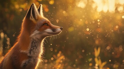 Obraz premium A fox is standing in a field of grass with the sun shining on it. The fox appears to be looking to the right