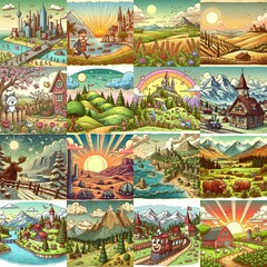 Funny cartoon landscapes. AI generated illustration