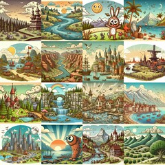 Fototapeta premium Funny cartoon landscapes. AI generated illustration