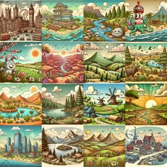 Obraz premium Funny cartoon landscapes. AI generated illustration