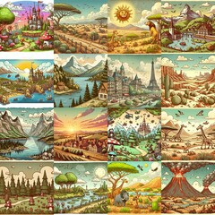 Obraz premium Funny cartoon landscapes. AI generated illustration