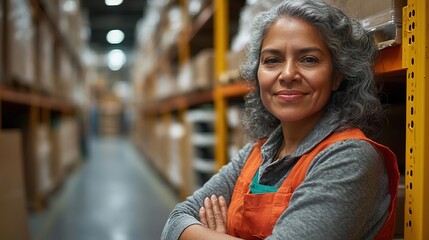 Obraz premium A confident woman in a warehouse, wearing an orange vest, poses for the camera among shelves stacked with boxes.