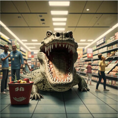 New customer. Crocodile in the supermarket.