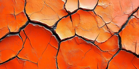 Abstract close-up of cracked orange and red earth with detailed texture, representing drought and environmental stress. Concept of climate change, arid land, and global warming.
