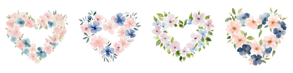 Obraz premium A collection of floral heart-shaped wreaths in soft colors, displayed against a dark background, evoking a romantic and serene ambiance.