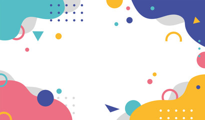 Abstract geometric background. Blue, green, pink and yellow abstract spots. Dotes and geometric figures. Place for text and presentations. Flat vector illustration isolated on white background