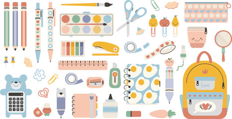 Set of study school supplies: backpack, pencils, brushes, paints, ruler, sharpener, stickers, calculator, glue, paperclips. Cute stationery. Back to school.