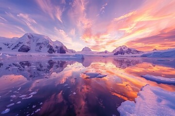 Polar sunset over icy waters and snow-covered mountains
