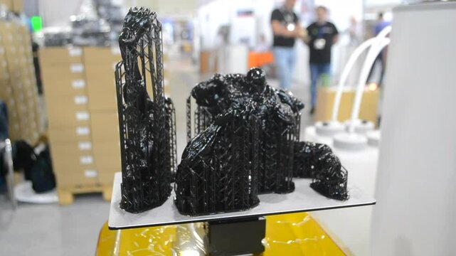 Black model with supports printed on 3D printer close-up. Part of object created on 3D printer from hardened rubber under influence of ultraviolet light. SLA 3D printing technology. Stereolithography