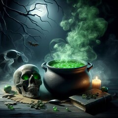 Eerie Halloween scene featuring a bubbling cauldron emitting green smoke, a skull with glowing eyes, and spooky decor set against a dark, moonlit background.. AI Generation