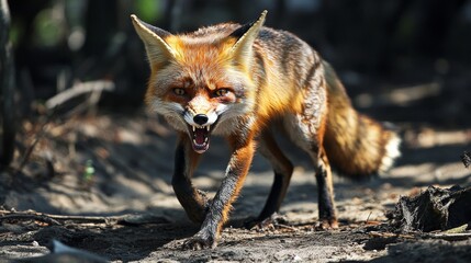 A fox is walking through the woods with its mouth open, showing its teeth. The scene is tense and dramatic, as the fox appears to be angry or aggressive
