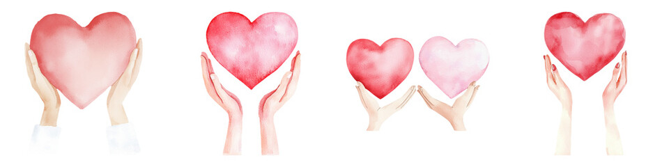 Fototapeta premium Hands holding various hearts symbolize love, care, and affection in different shades, creating a warm and heartfelt visual display.