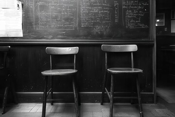 empty classroom featuring simple wooden chairs and a chalkboard filled with complex mathematical equations evoking a sense of learning and scholarly pursuit in a minimalistic environment