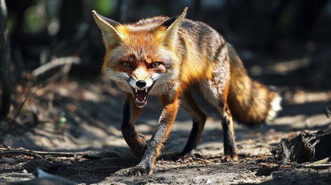 A fox is walking through the woods with its mouth open, showing its teeth. The scene is tense and dramatic, as the fox appears to be angry or aggressive