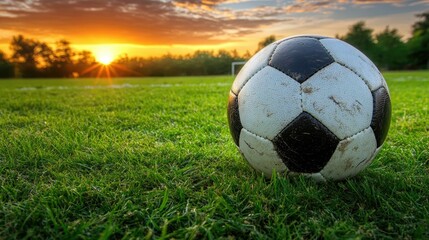 Fototapeta premium A worn soccer ball sits on a green field with a sunset in the background.