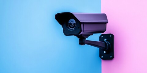 A modern security surveillance camera mounted on a dual-colored wall with blue and pink sections, creating a striking contrast against the smooth surface background.
