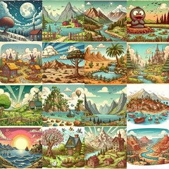 Funny cartoon landscapes. AI generated illustration