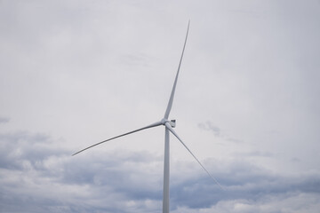 Renewable wind energy white turbines for generating electricity in forest woody area in Baltic States in Europe 