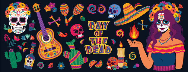 Collection of Day of The Dead symbols. Dia de los Muertos decoration vector elements. maracas, calavera, catrina,  sugar skull, guitar, sombrero hat, cactus, candle. Mexican culture.