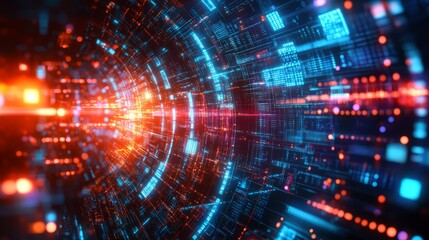 Obraz premium Digital Tunnel of Data: A mesmerizing 3D illustration depicting an abstract tunnel composed of glowing lines and data streams.