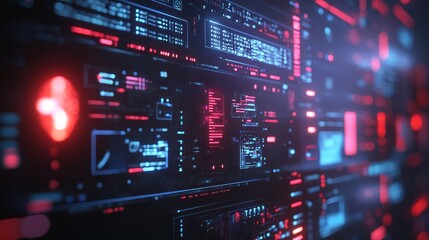 Obraz premium Cybernetic Interface: A mesmerizing digital landscape unfolds, showcasing a complex network of glowing red and blue data streams, pulsating with technological vitality. This abstract.